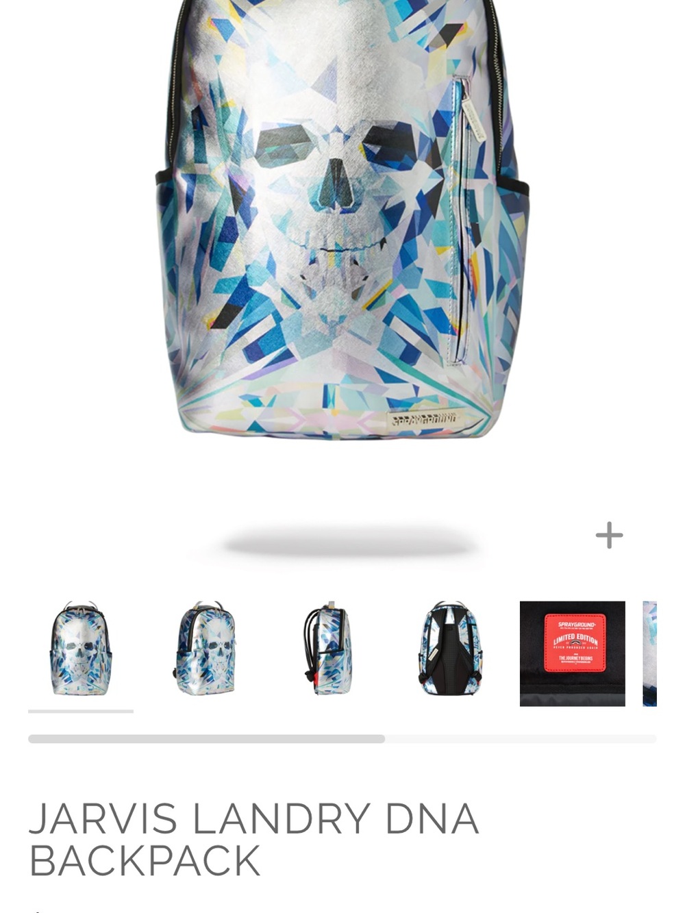 Sprayground Iridescent Silver Skull Backpack with Blue Accents
